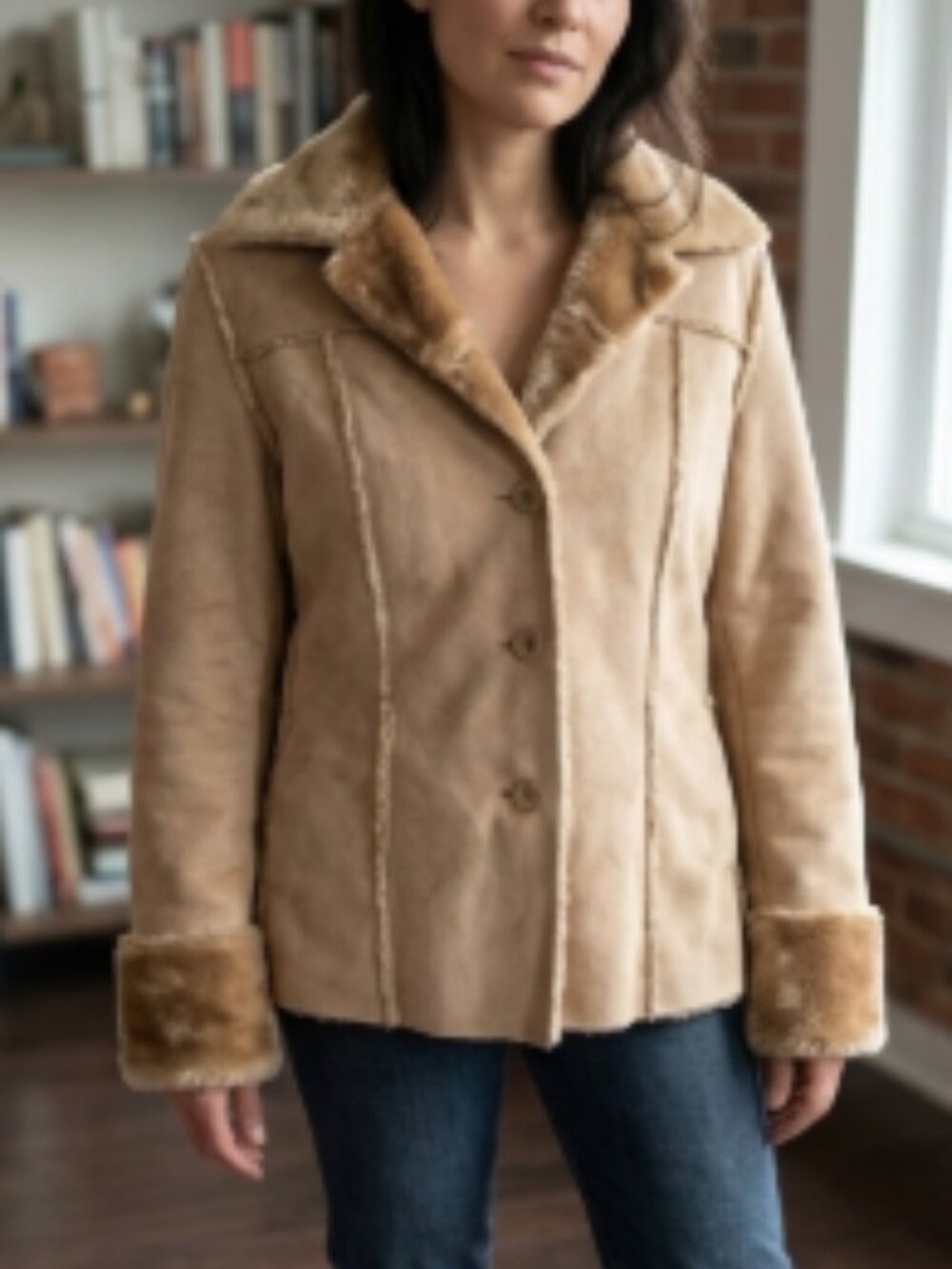 Vintage Y2K Suzy Shier Faux Suede Shearling Penny Lane Jacket Beige Medium